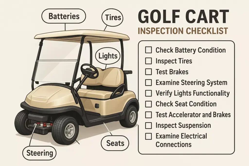 Illustration of a golf cart with labeled parts and an inspection checklist with boxes to check off tasks.