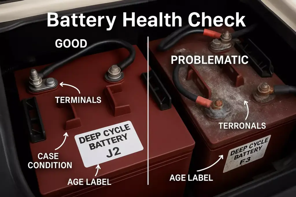 Two car batteries side by side labeled as good and problematic with arrows highlighting key differences.