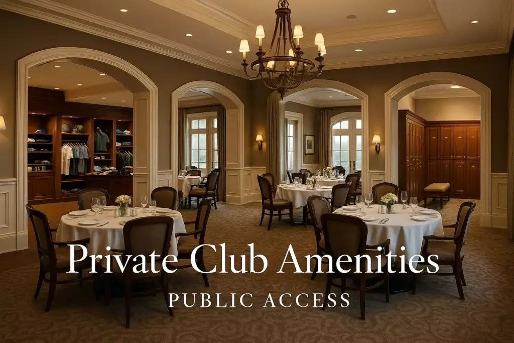 Elegant dining room with round tables, white linens, and chandeliers; text reads Private Club Amenities Public Access.