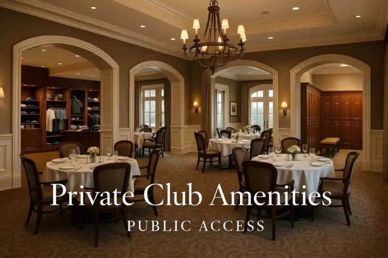 Elegant dining room with round tables, white linens, and chandeliers; text reads Private Club Amenities Public Access.