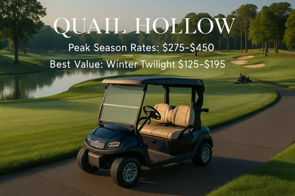 Golf cart on a path at a scenic golf course with rate information for Quail Hollow overlaid on the image.