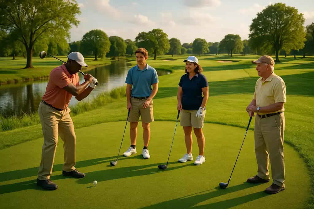 Four people stand on a golf course, smiling as one prepares to swing a club near a pond and trees.