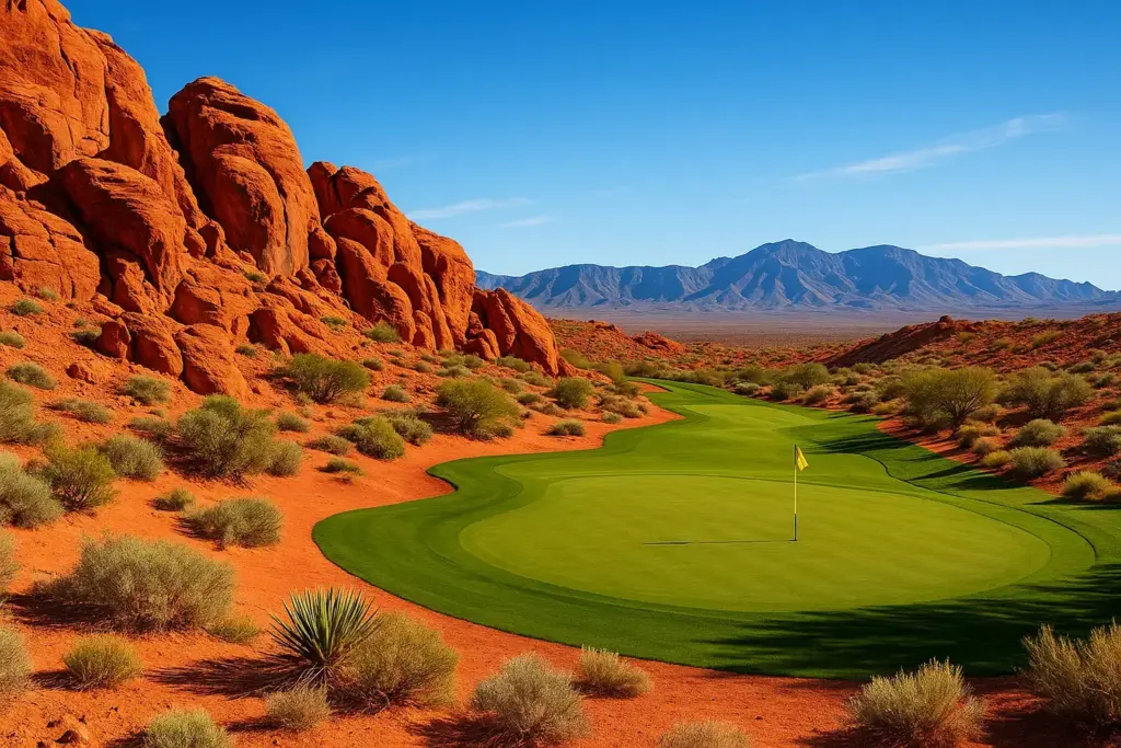 A golf green surrounded by red desert rocks, cacti, and distant mountains under a clear blue sky.