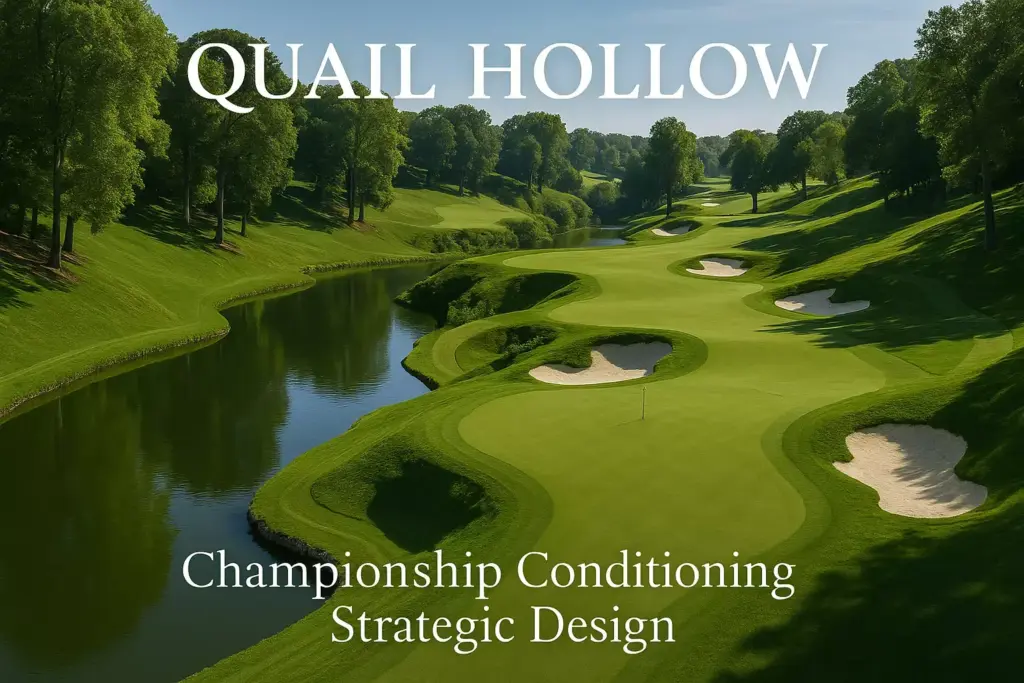 A lush golf course with bunkers and a river, labeled Quail Hollow and Championship Conditioning Strategic Design.