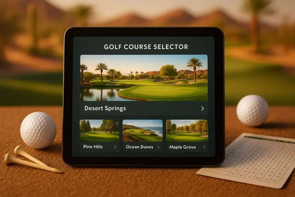 A tablet displays a golf course selector with course options, surrounded by golf balls, tees, and a scorecard.