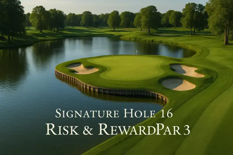 A golf course island green with sand bunkers, surrounded by water, labeled Signature Hole 16 Risk & Reward Par 3.