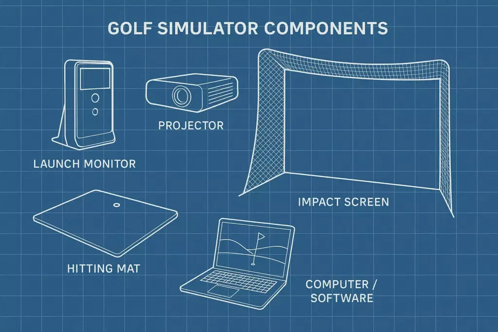 Diagram showing labeled components of a golf simulator: launch monitor, projector, impact screen, hitting mat, and computer.