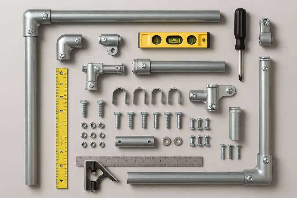 Metal pipes, screws, nuts, rulers, a level, and a screwdriver are neatly arranged on a light surface.