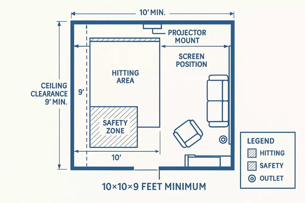 Floor plan of a 10x10x9 ft room showing a golf simulator setup with seating and labeled zones for safety and hitting.