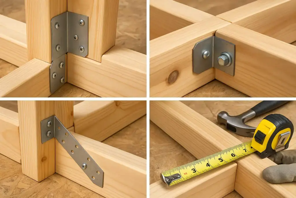 Four images showing wood joints with metal brackets, bolts, screws, a hammer, and a measuring tape.