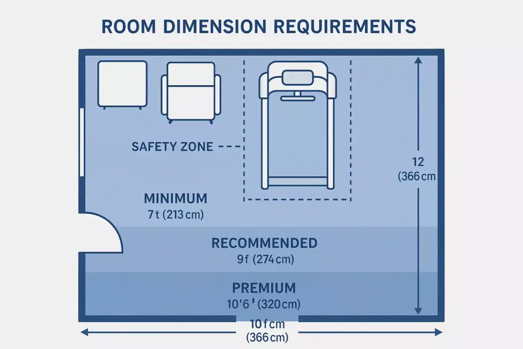 Diagram showing minimum, recommended, and premium room sizes for a bed and chairs, with labeled dimensions.