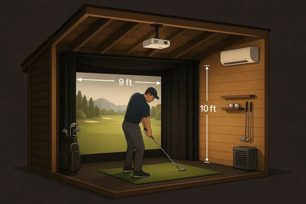 Man using a golf simulator in a room measuring 9 feet wide by 10 feet high, with golf gear on the side wall.