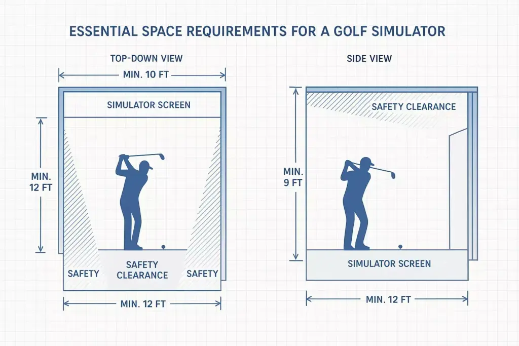 Diagram showing golf simulator space requirements: at least 12ft wide, 10ft deep, and 9ft high with safety clearance.