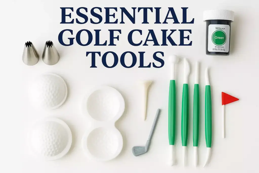 Golf-themed cake decorating tools, including molds, cutters, brushes, and green food coloring, on white background.