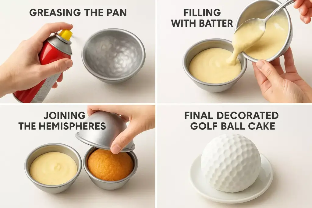 Four steps to make a golf ball cake: grease pan, add batter, join halves, and decorate like a golf ball.