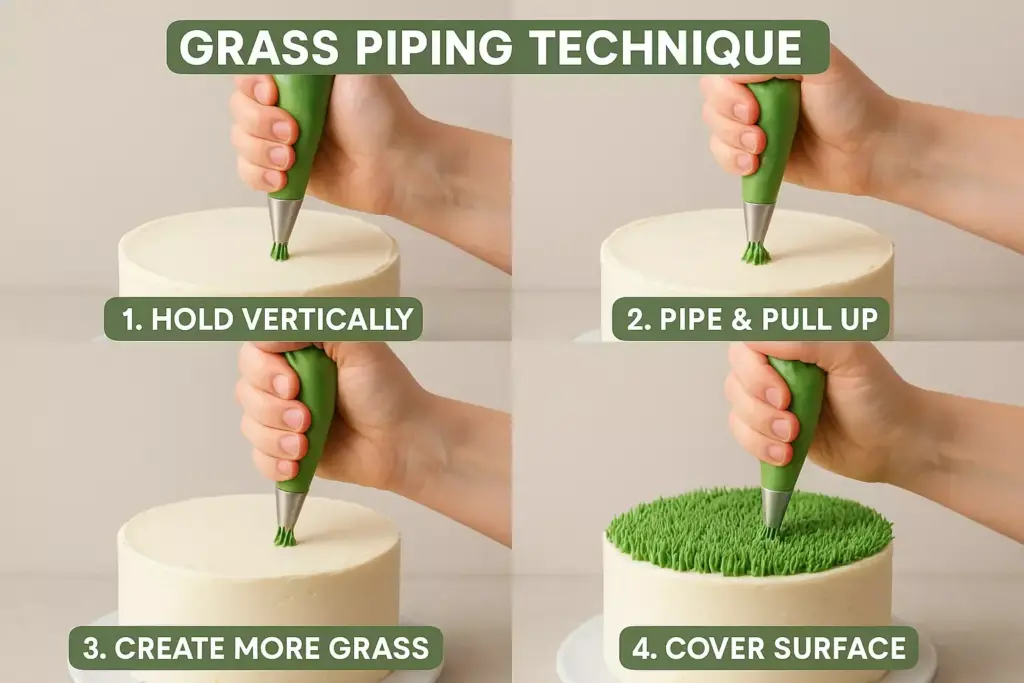 Four-step guide showing how to pipe grass onto a cake using a piping bag and green icing.
