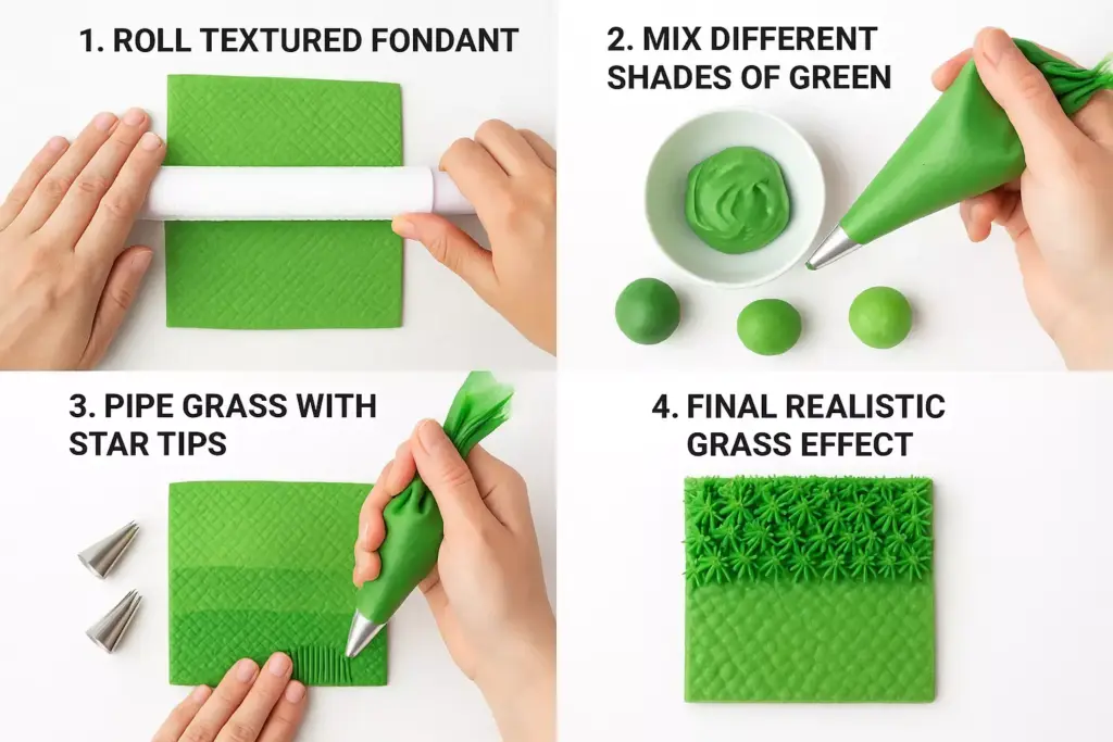 Step-by-step fondant grass tutorial using varying green shades and star piping tips for a realistic effect.