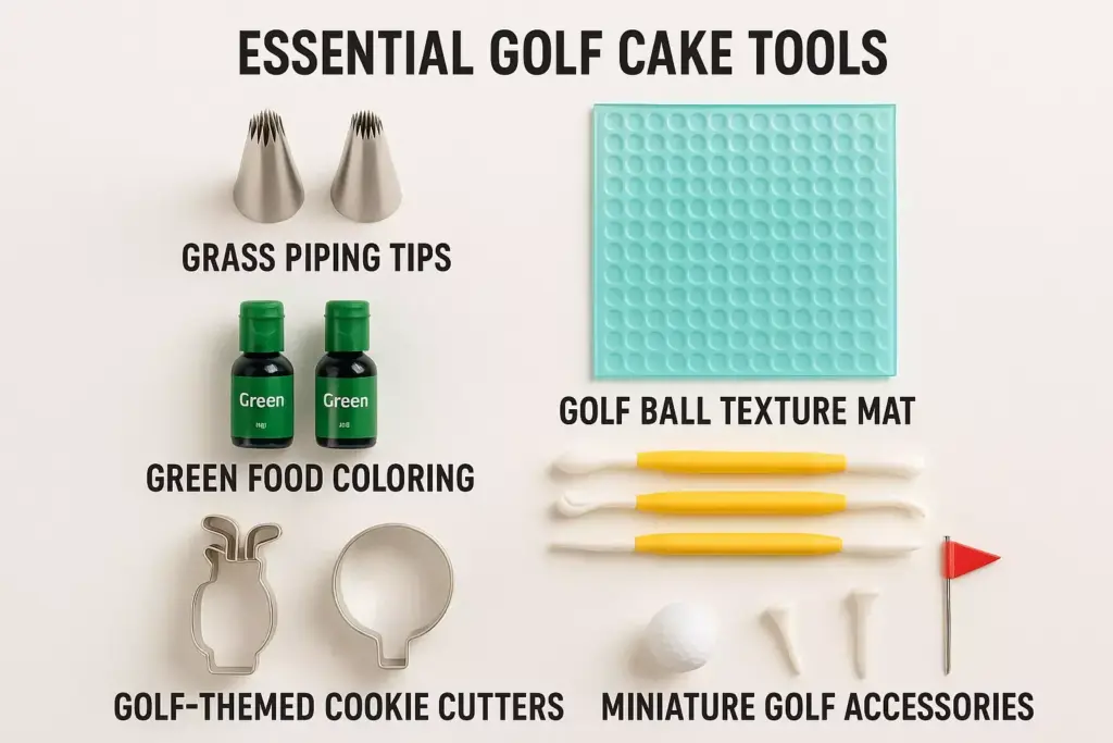 Essential golf cake tools: piping tips, texture mat, food coloring, cutters, modeling tools, and golf accessories.