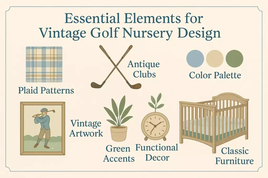 Infographic of vintage golf nursery design elements: plaid, clubs, colors, artwork, plants, clock, crib furniture.