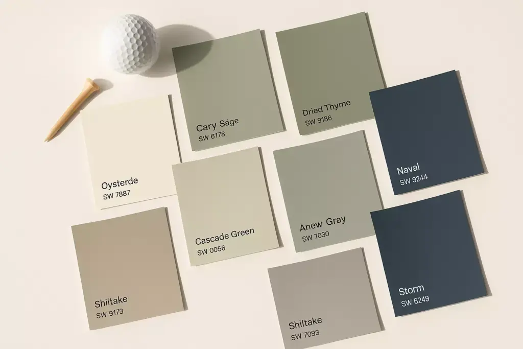 Nine Sherwin-Williams paint swatches in earthy tones, a golf ball, and a wooden tee on a light surface.