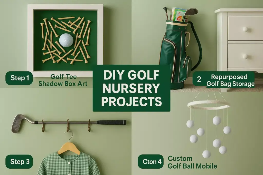 Four DIY golf-themed nursery projects: shadow box art, golf bag storage, coat rack, and golf ball mobile.