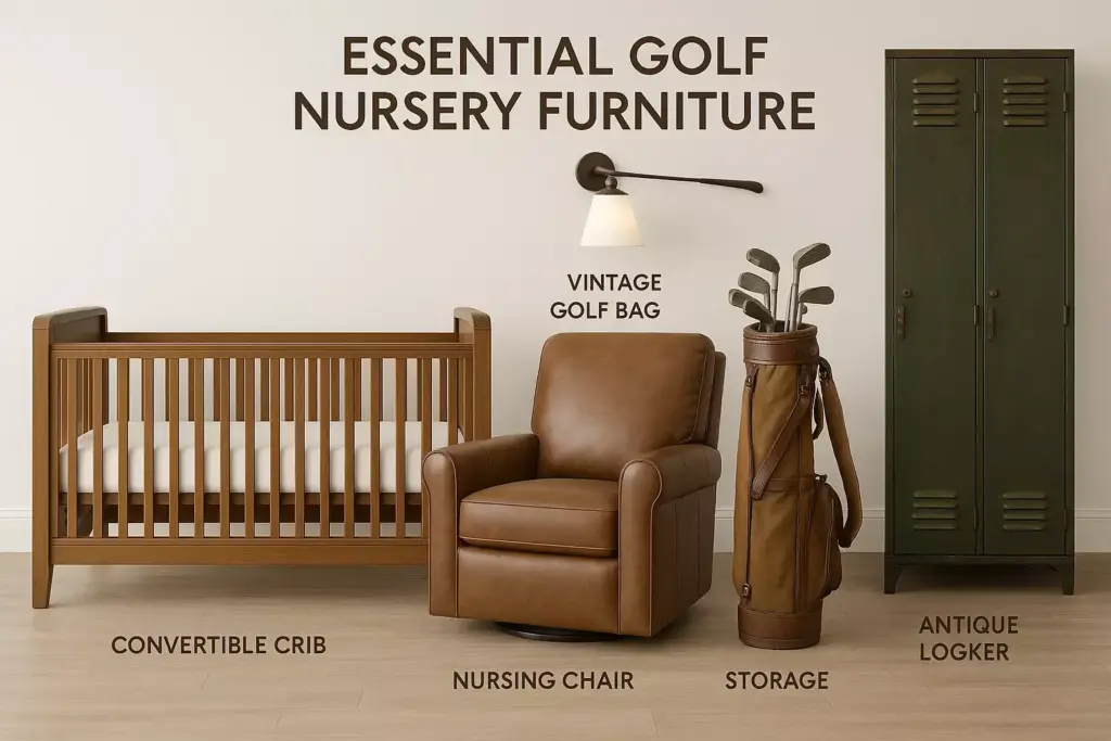 Golf-themed nursery with a crib, brown nursing chair, vintage golf bag, and green antique locker.