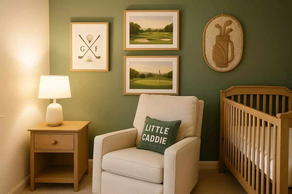 Golf-themed nursery with a beige armchair, crib, nightstand, lamp, and golf artwork on green walls.