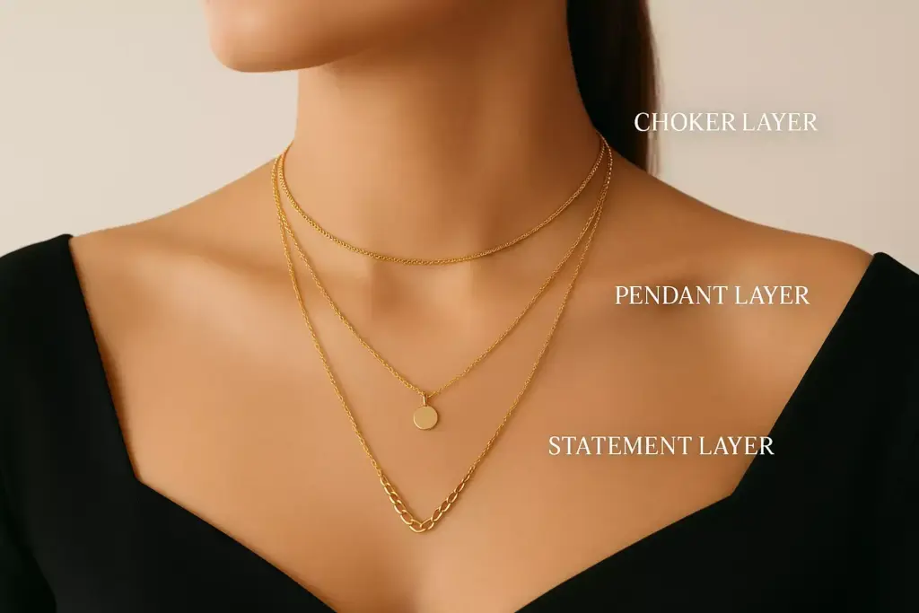 Woman wearing three layered gold necklaces labeled as choker, pendant, and statement layers, in a black top.