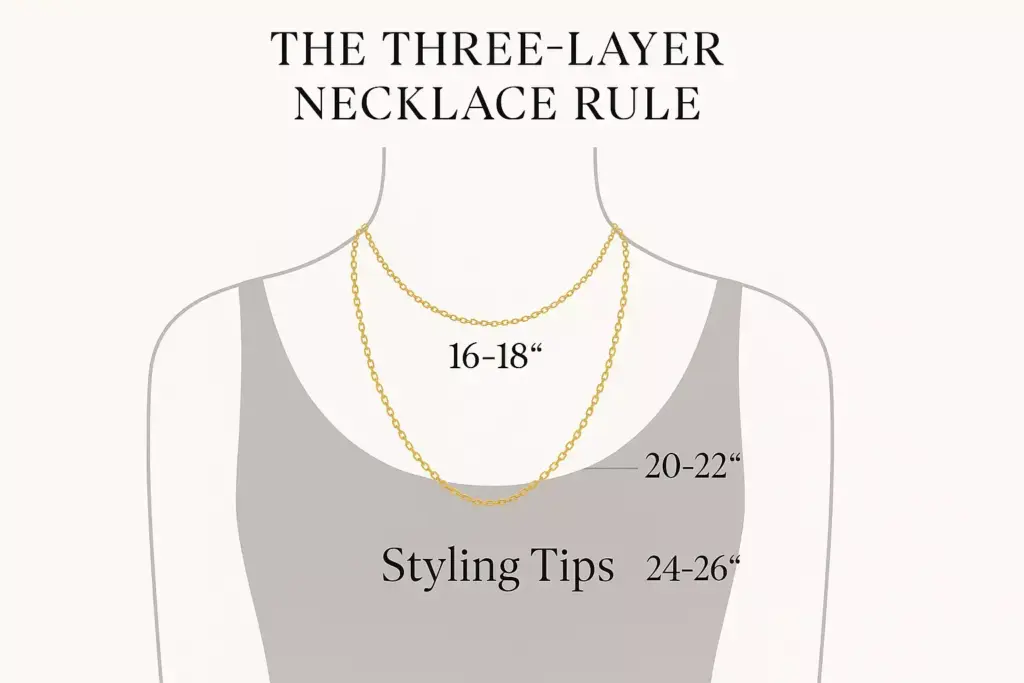 Diagram showing three gold necklaces of different lengths: 16–18, 20–22, and 24–26 on a person.
