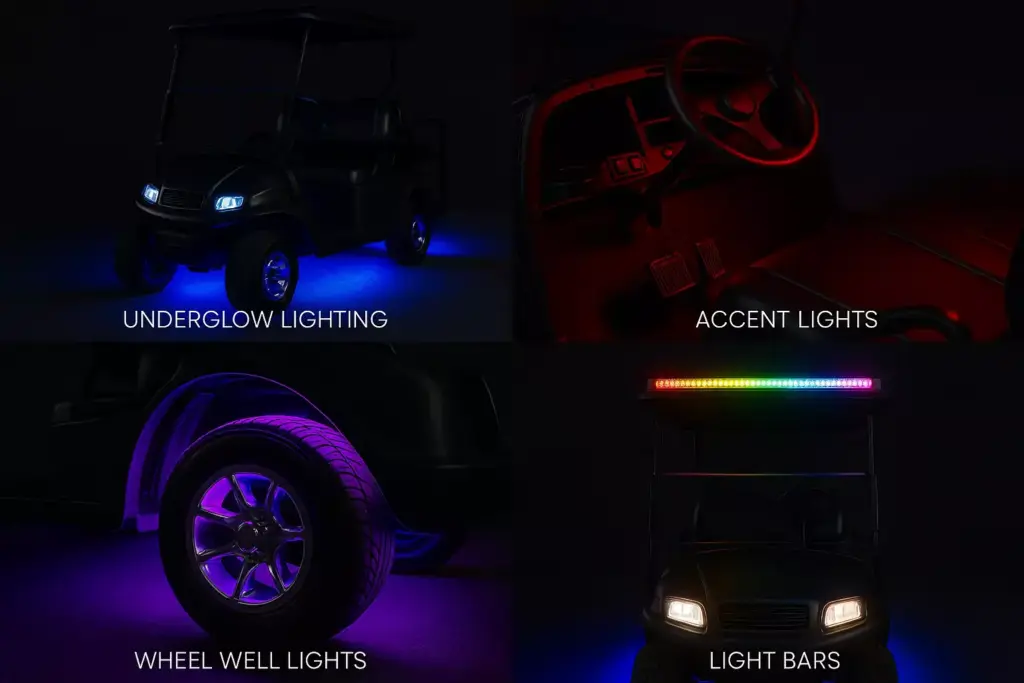 Four golf carts with underglow, accent, wheel well, and rainbow light bar lighting effects in the dark.