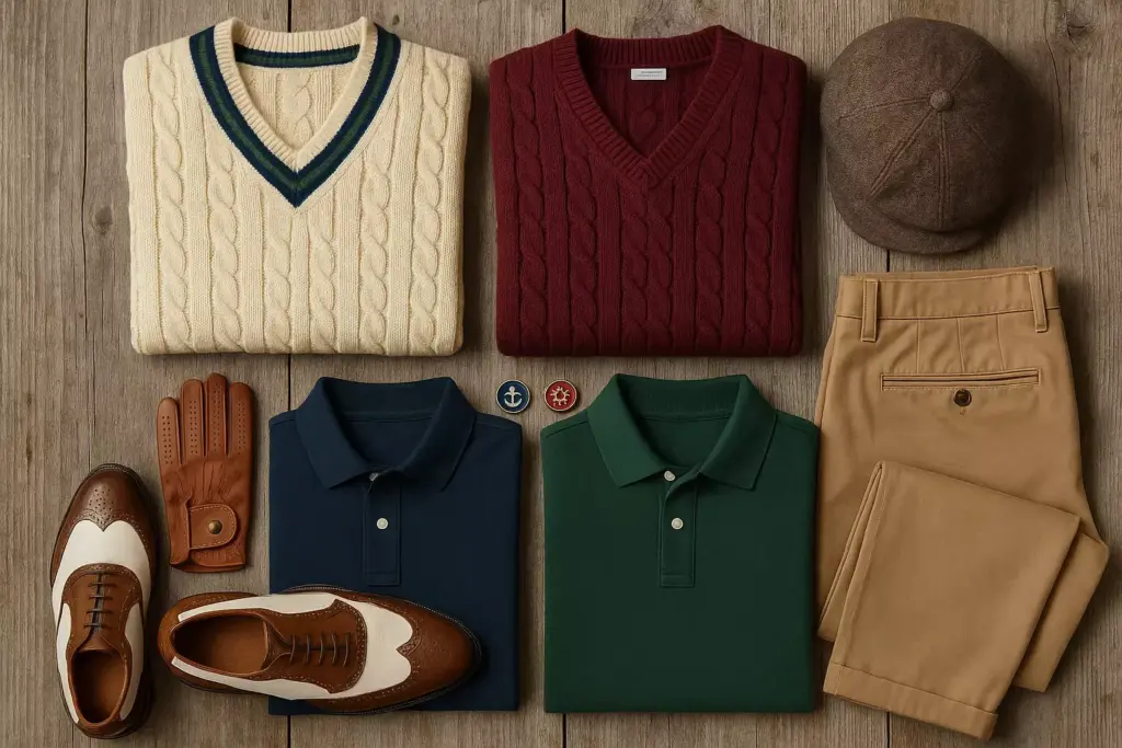 Mens sweaters, polo shirts, gloves, shoes, trousers, and a flat cap arranged neatly on a wooden surface.