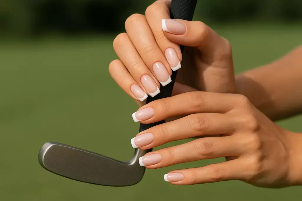 Hands with a French manicure holding a golf club, with a blurred green background.