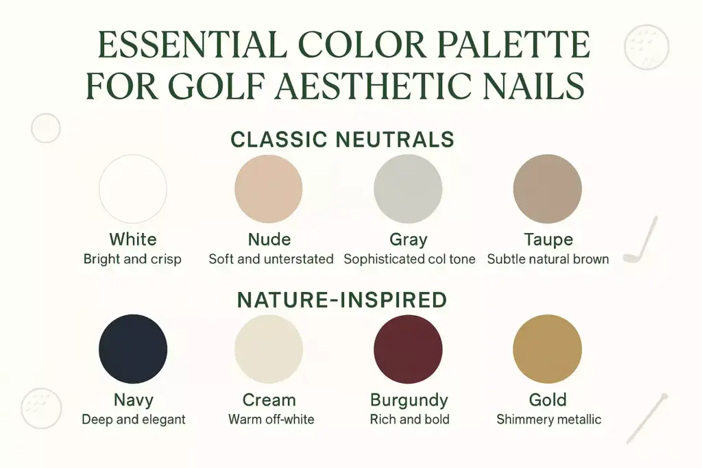 A color palette for golf-inspired nails showing white, nude, gray, taupe, navy, cream, burgundy, and gold.