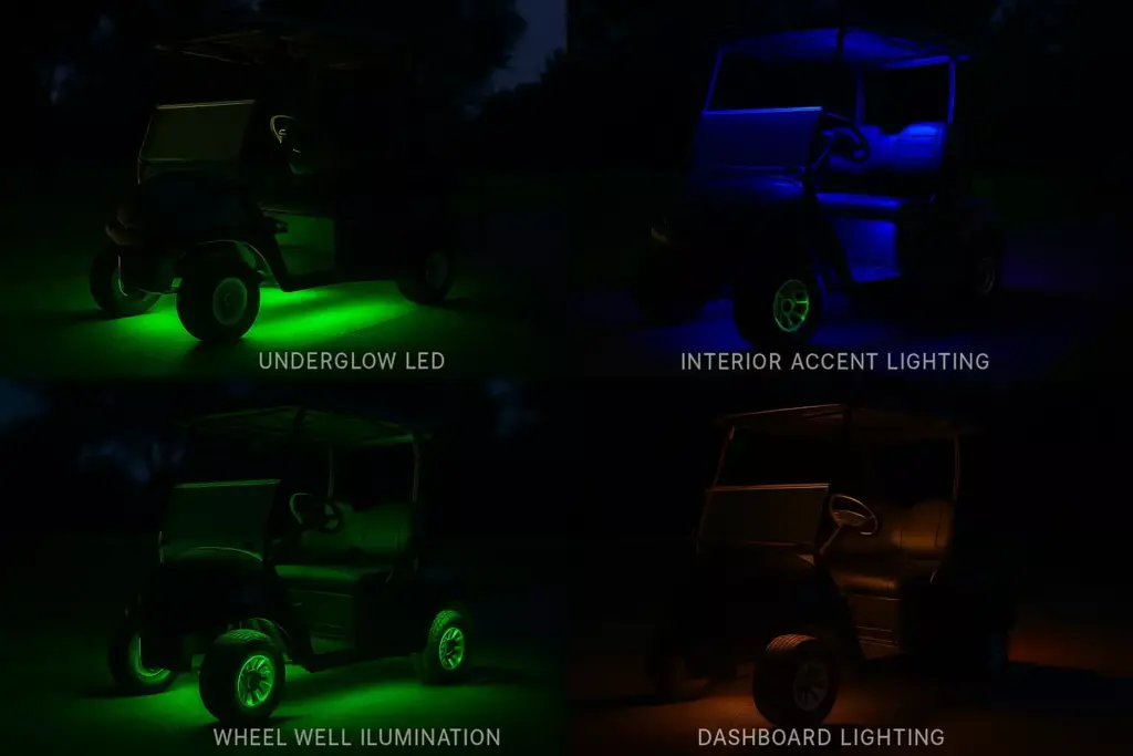 Four golf carts at night, each showing different lighting: green underglow, blue interior, green wheels, orange dash.