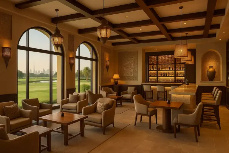 Elegant lounge with cozy armchairs, wooden tables, and large windows overlooking a green golf course at sunset.