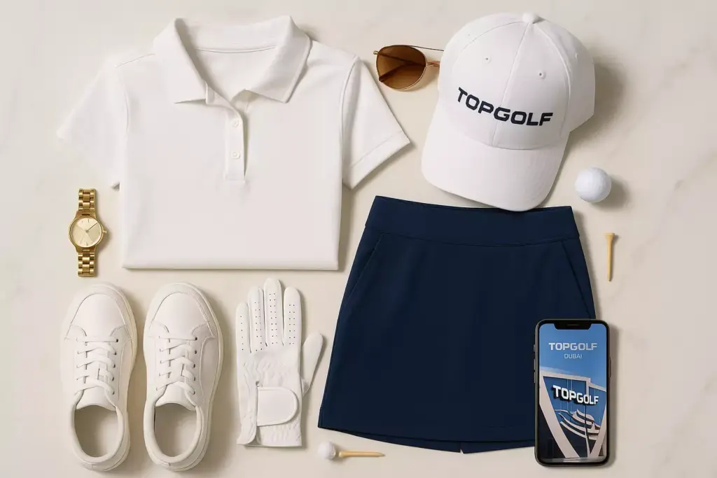 Flat lay of golf outfit with white polo, navy skirt, sneakers, cap, glove, watch, tee, golf ball, sunglasses, phone.