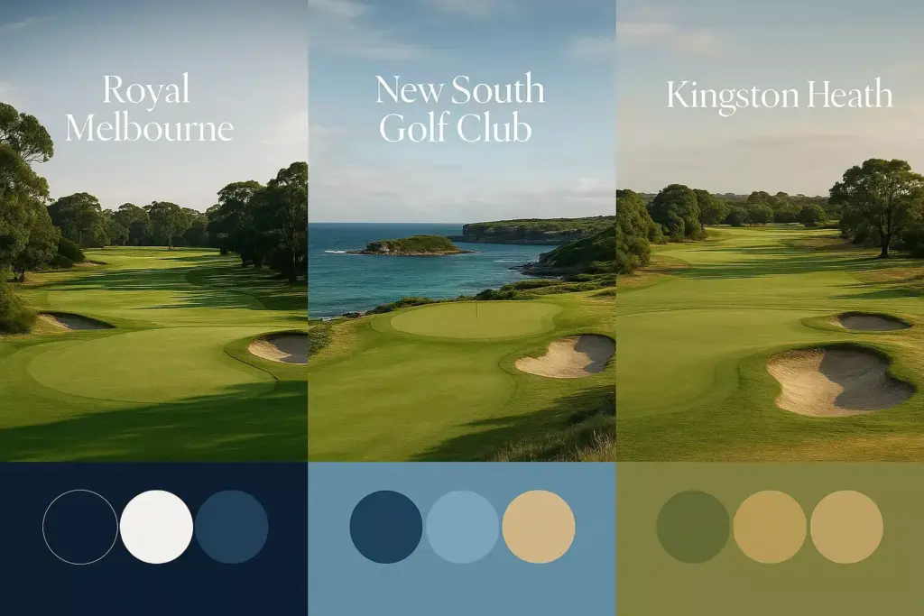 Three golf courses—Royal Melbourne, New South Golf Club, and Kingston Heath—with color palettes beneath each.