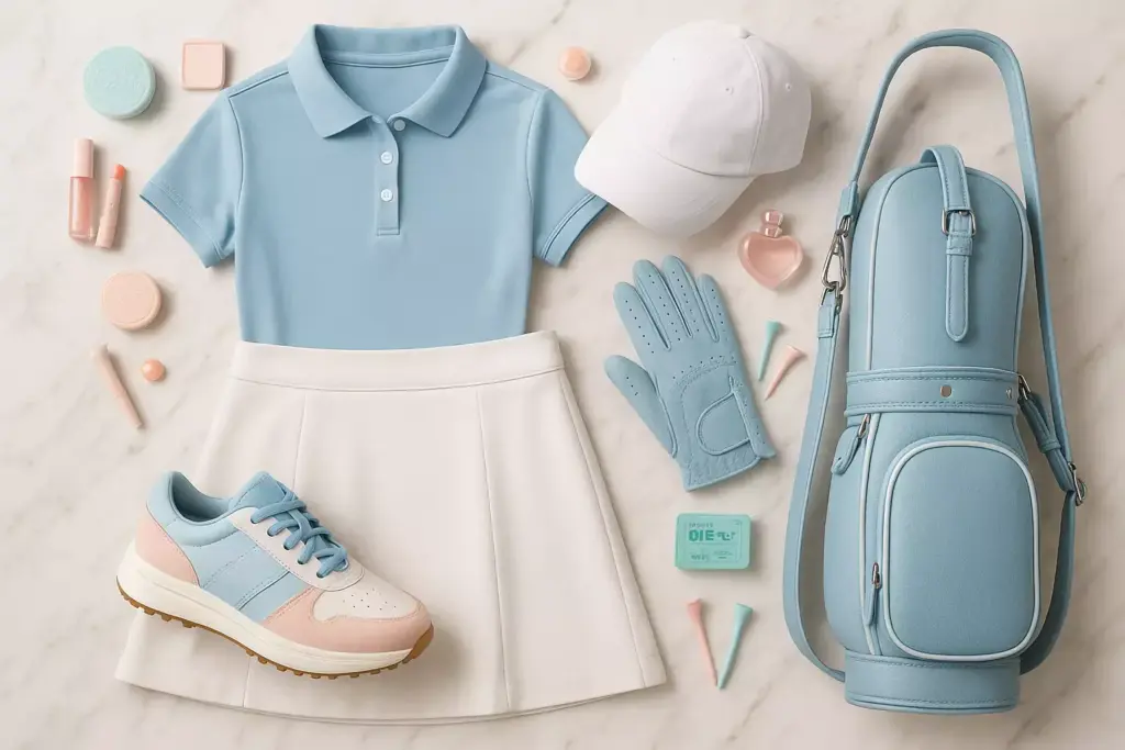 Flat lay of pastel blue and white golf outfit, accessories, shoe, glove, golf bag, and makeup items on marble surface.