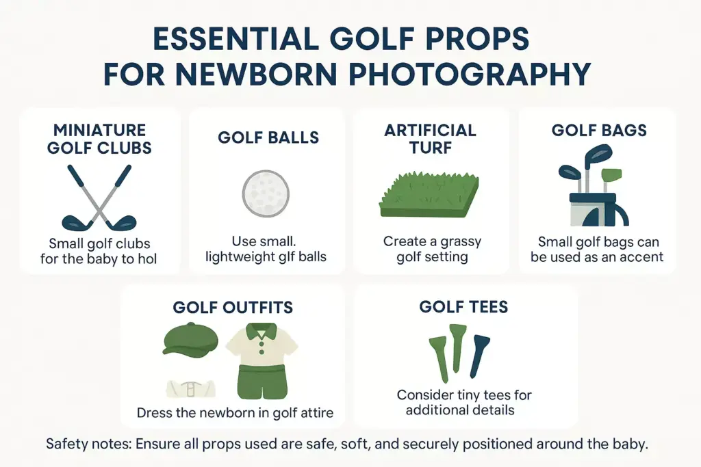Infographic listing golf-themed props for newborn photography, including clubs, balls, turf, bags, outfits, and tees.