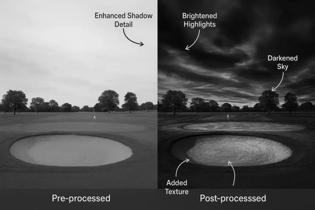 Split image of a golf course, showing pre-processed (left) and post-processed (right) photo editing effects.