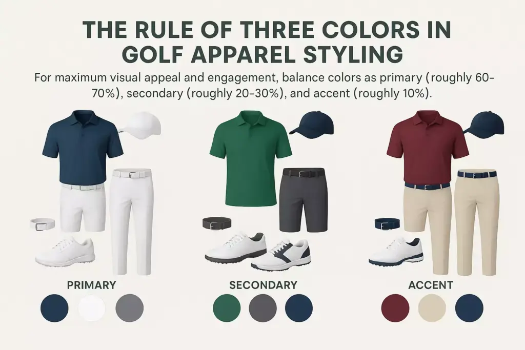 Three golf outfits show how to balance primary, secondary, and accent colors in apparel styling.