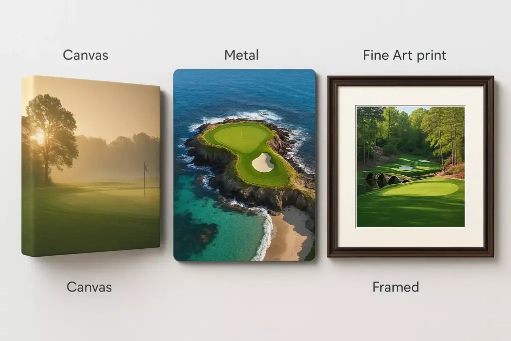 Three golf course photos: one on canvas, one on metal, and one as framed fine art print, labeled accordingly.