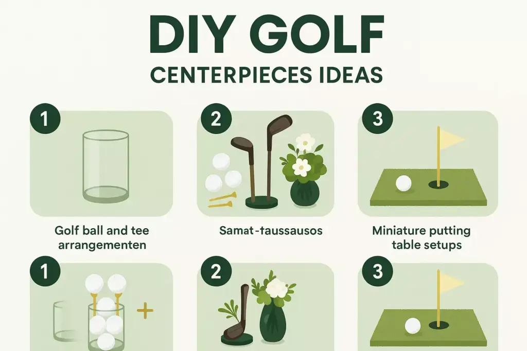 Illustration showing three DIY golf centerpiece ideas: tee arrangements, club with flowers, and mini putting table setups.