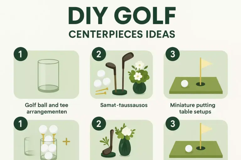 Illustration showing three DIY golf centerpiece ideas: tee arrangements, club with flowers, and mini putting table setups.