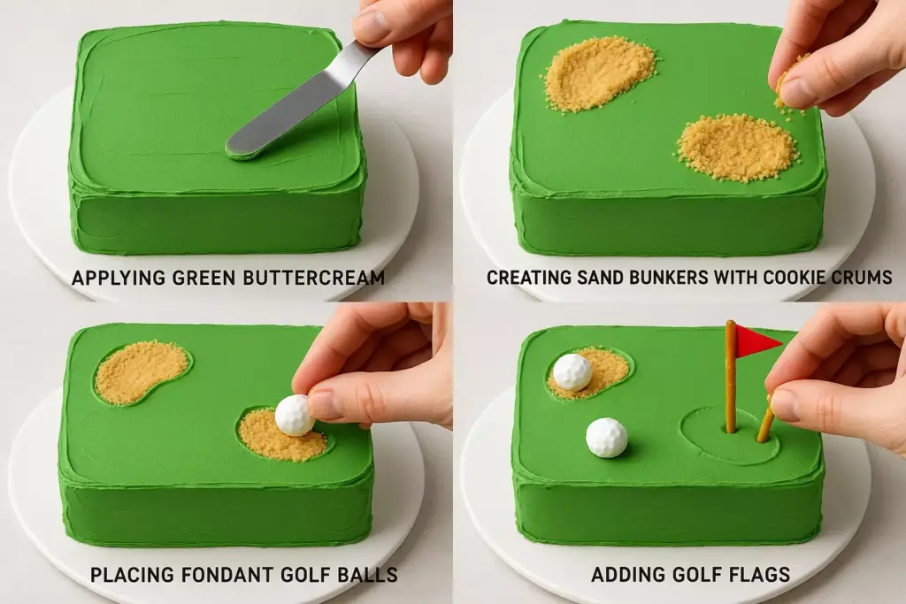 Step-by-step process of decorating a golf-themed cake with buttercream, cookie crumbs, fondant balls, and flags.