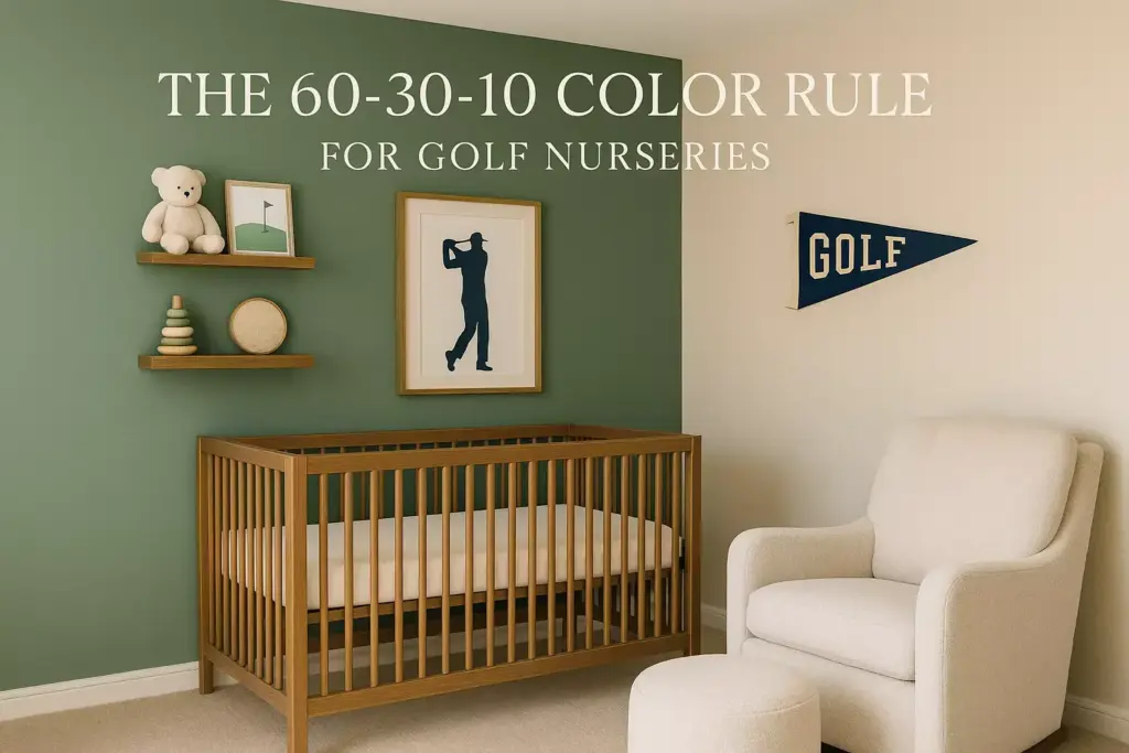 Modern golf-themed nursery with green accent wall, crib, wall art, shelves, and GOLF pennant.
