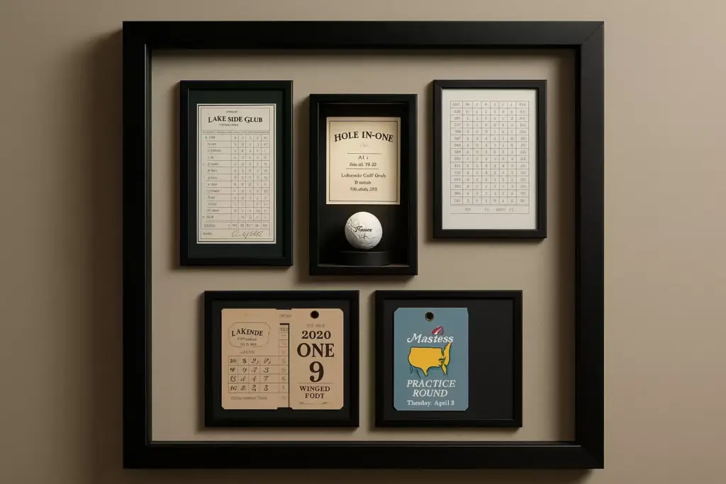 Framed golf scorecards, a “hole in one” plaque with a golf ball, and Masters memorabilia on a beige wall.
