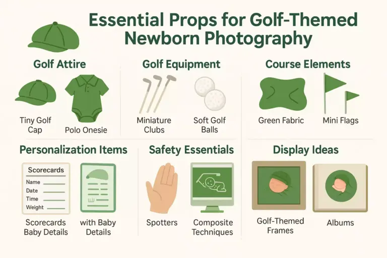 Infographic listing essential props for golf-themed newborn photography, including attire, equipment, and decor.