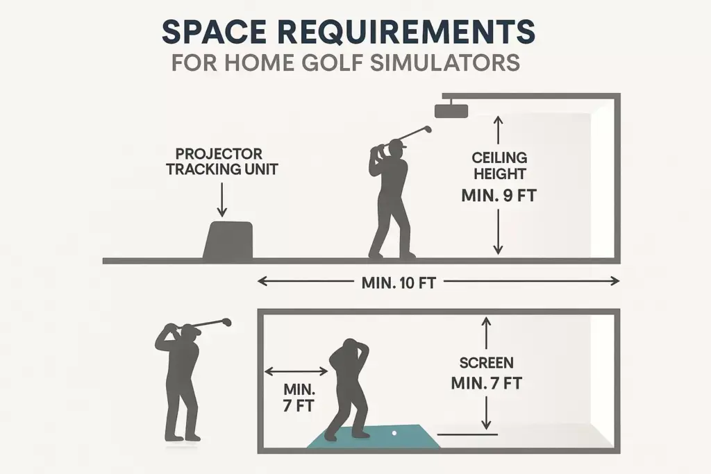 Diagram showing minimum ceiling height (9 ft) and room depth (10 ft) needed for home golf simulators.