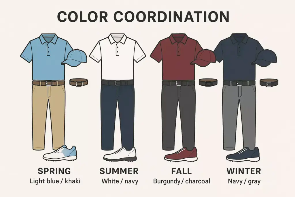 Four seasonal mens outfits showing coordinated shirt, pants, shoes, belt, and cap colors for each season.